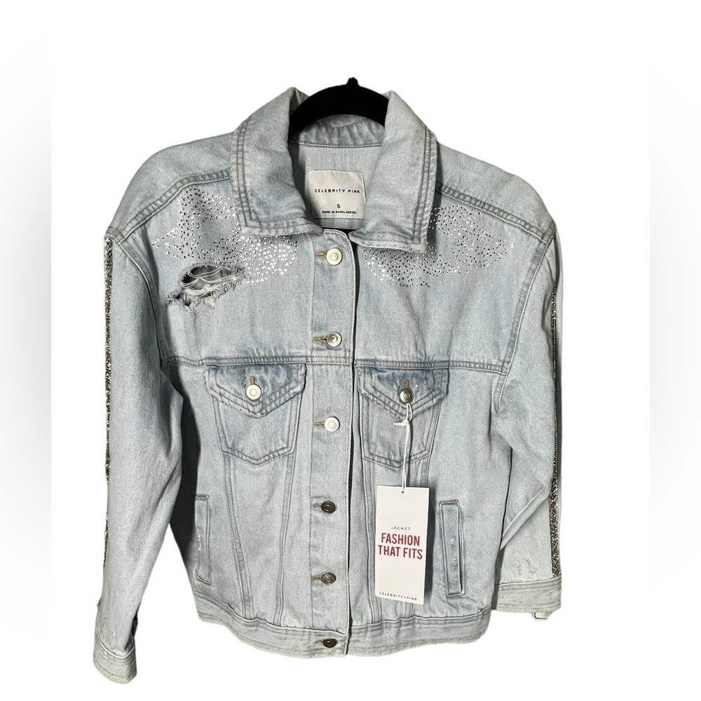 Celebrity Pink Light Blue Wash Distressed Rhinestone Denim Jean Jacket S…